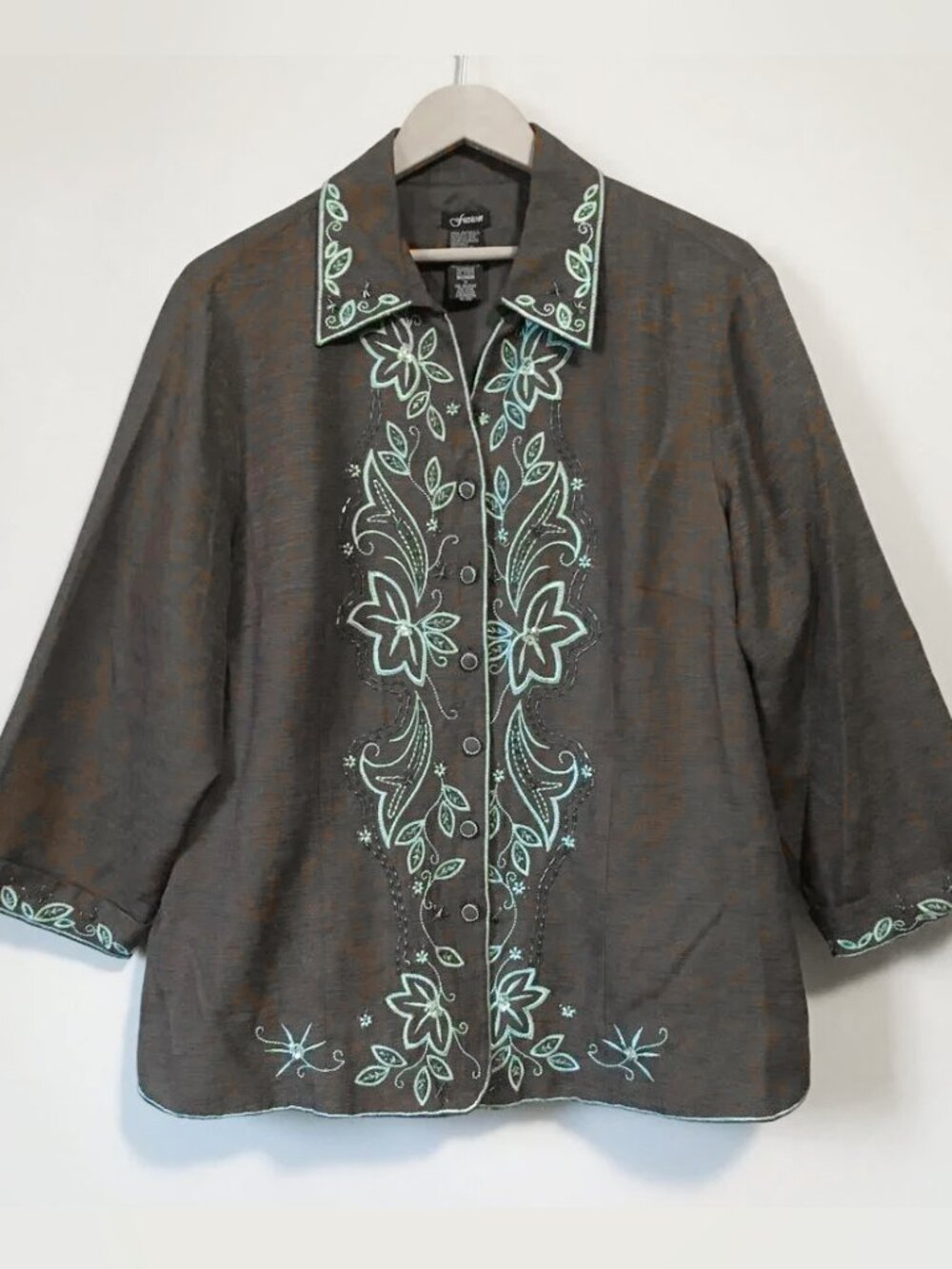 Vintage Fusion 100% Silk Floral Embroidered Sequin Jacket Blazer Plus 1X